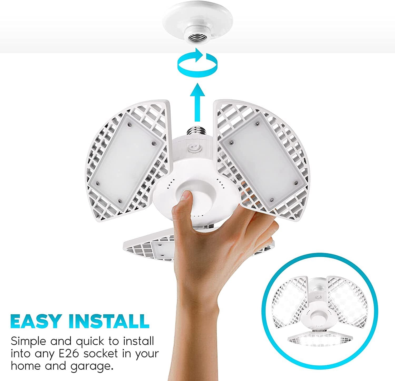 Luxrite LED Garage Light 80W 8000 Lumens Deformable 5000K Bright White E26 Screw In Shop Light Adjustable