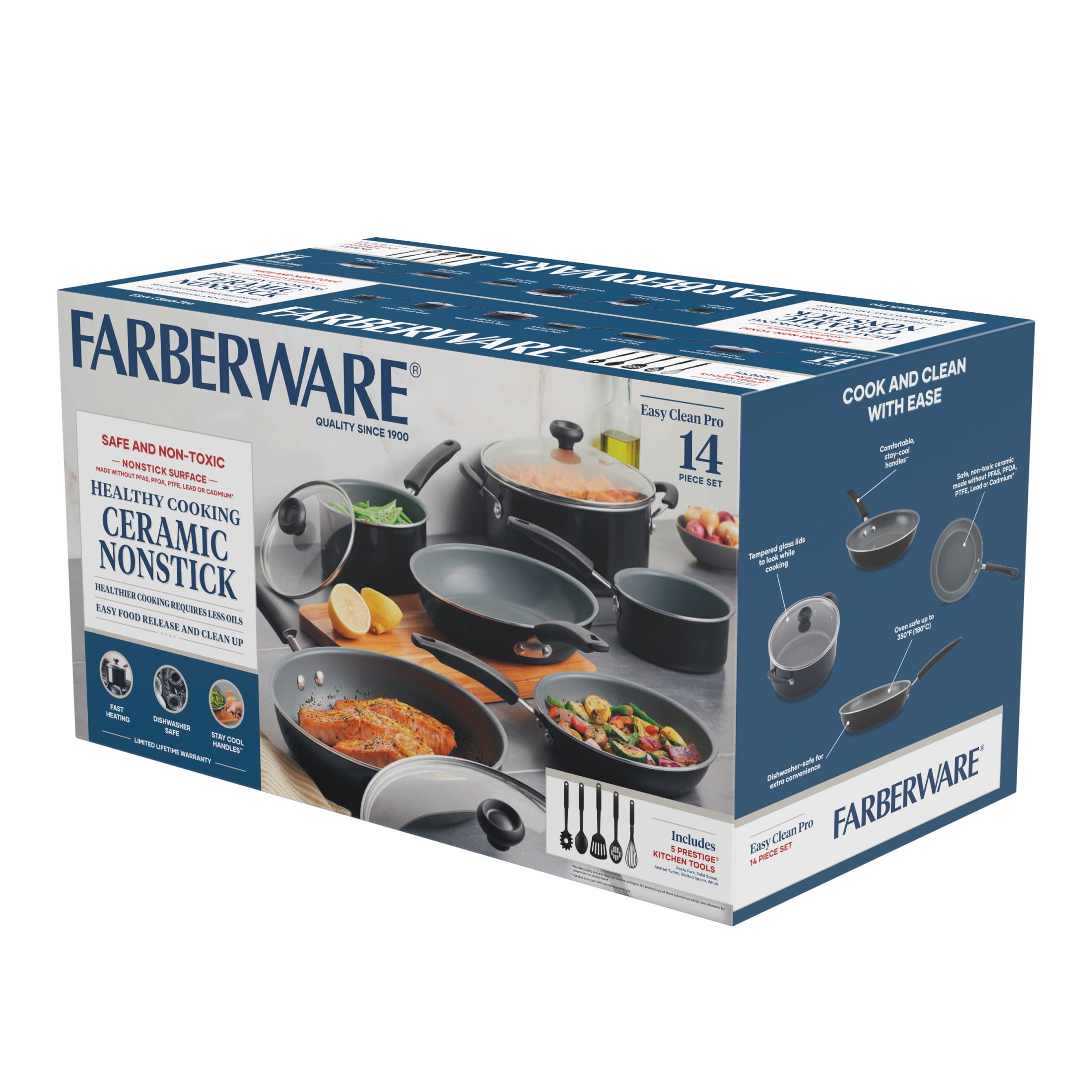 Farberware Easy Clean Pro 14 Pcs Ceramic Nonstick Cookware Set with Cooking Tools, Dishwasher Safe, Black