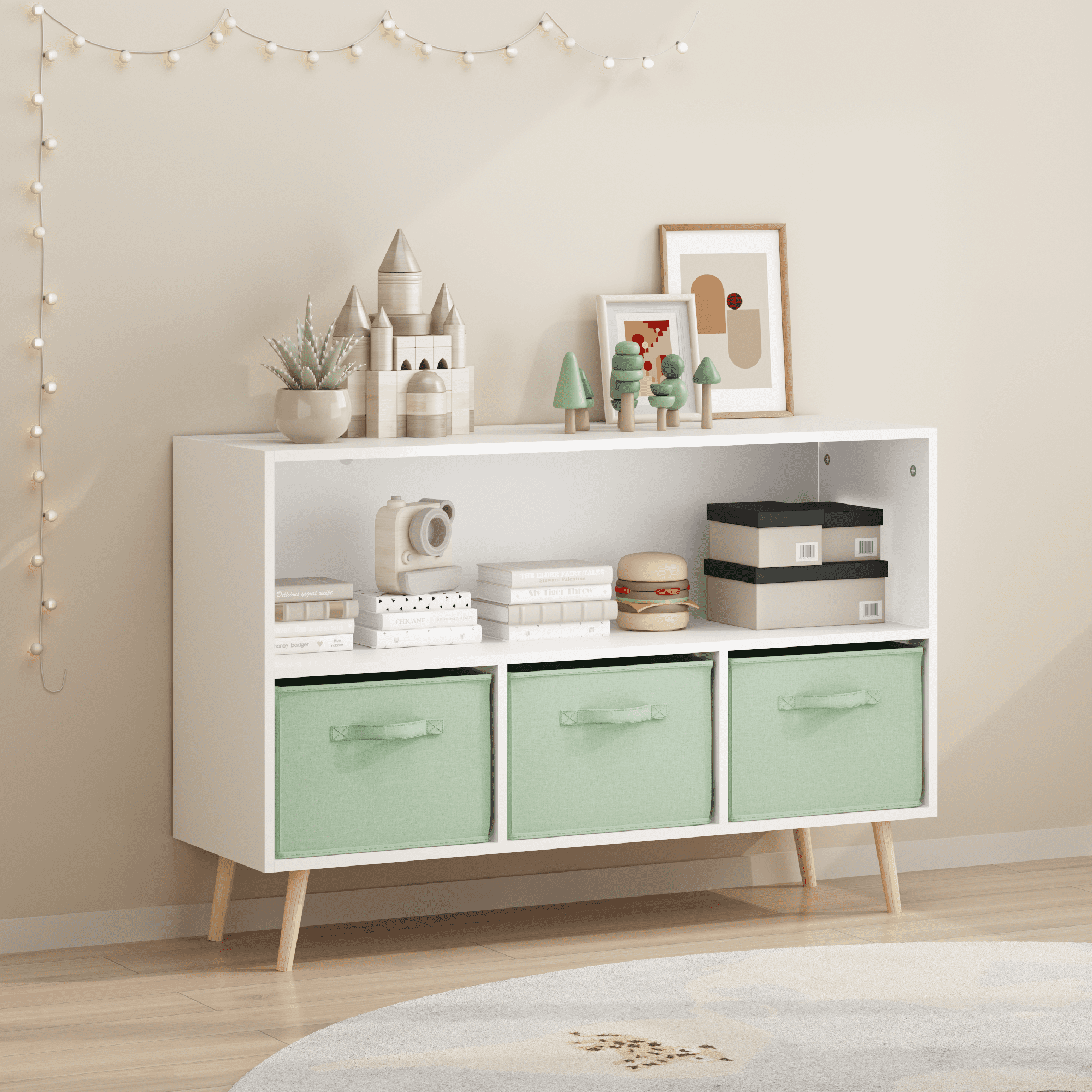 Kids Bookcase with Collapsible Fabric Drawers, Children’s Book Display & Toy Storage Organizer, MDF Cabinet with Pine Legs, White/Green