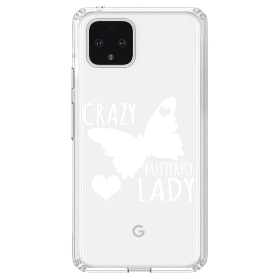 DistinctInk Clear Shockproof Hybrid Case for Google Pixel 4 (6.1" Screen) - TPU Bumper Acrylic Back Tempered Glass Screen Protector - Crazy Butterfly Lady