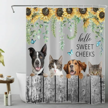 Funny Farm Animal Shower Curtain for Bathroom Blue Butterfly and Sunflower Floral with Green Leaf Plant Bathroom Shower Curtains with Hooks, Farmhouse Vintage Bathroom Curtains Shower Set 60x72 inch