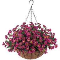 Artificial Flower with Hanging Basket for Outdoor Decor Fake Silk Dasiy UV Resistant Arrangements in Pot Planter Spring Decor for Indoor Porch Garden Yard(Orange Purple)