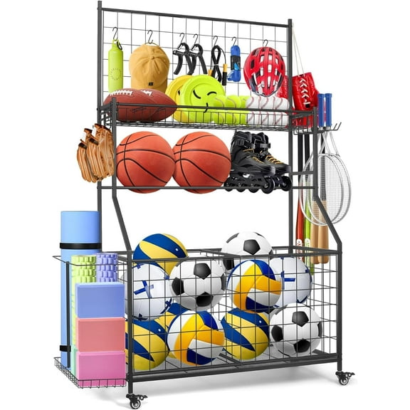 Sports Equipment Organizer,Garage Ball Storage Rack with Basketball Rack,Golf Bag Organizer Toy Sports Gear Storage with Hooks and Rolling Wheels Cart,Black