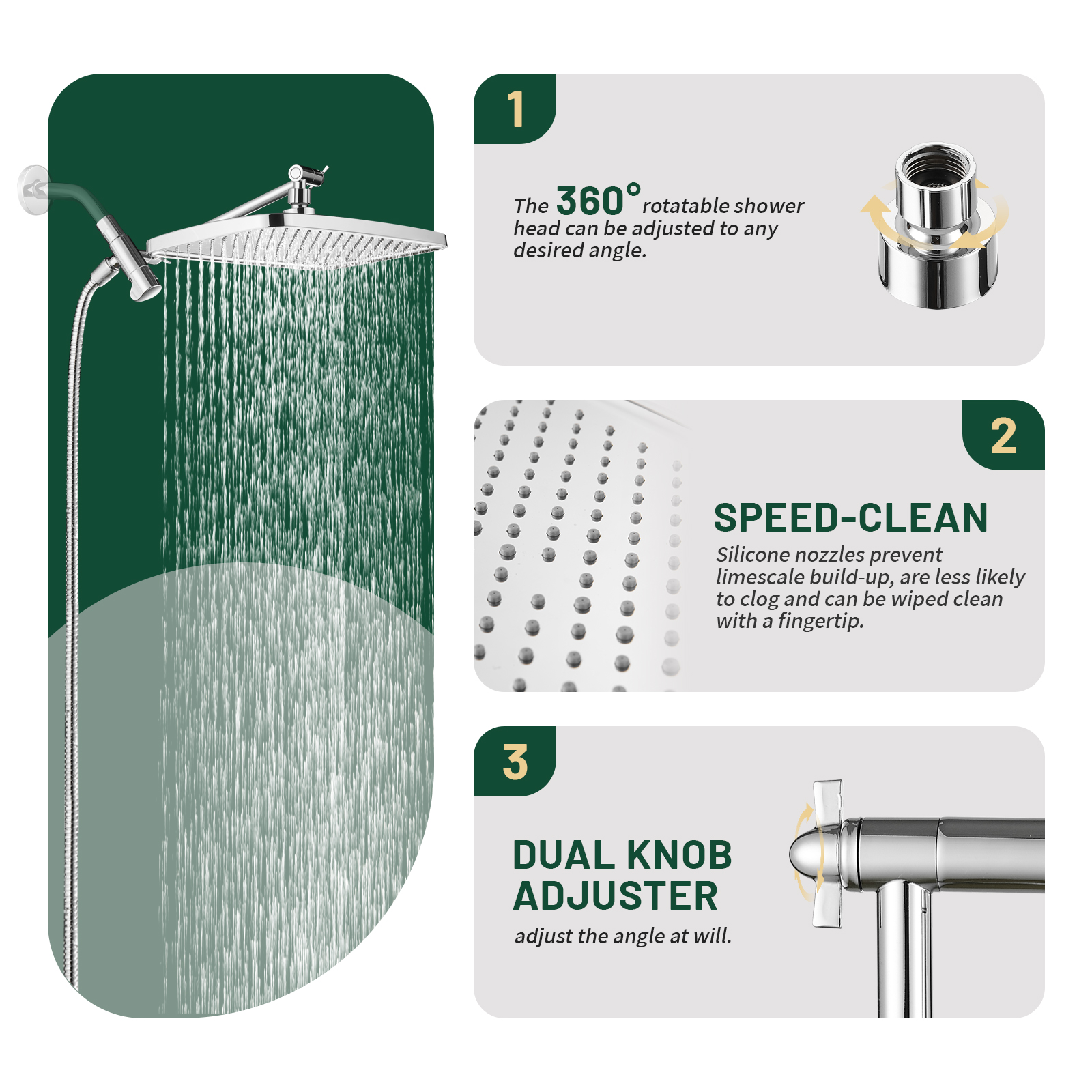 Cobbe 12 Inch High Pressure Rain Shower Head with Extension Arm, Dual Shower Head with 8 Modes Handheld Spray Combo, Chrome