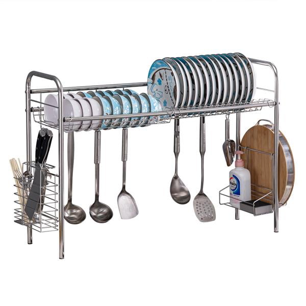 PUSDON Wall Mounted Dish Drying Rack, 3 Tier Stainless Steel Hanging Dish Drainer with Cutlery Holder, Drainboard and Hooks, Fruit Vegetable Kitchen