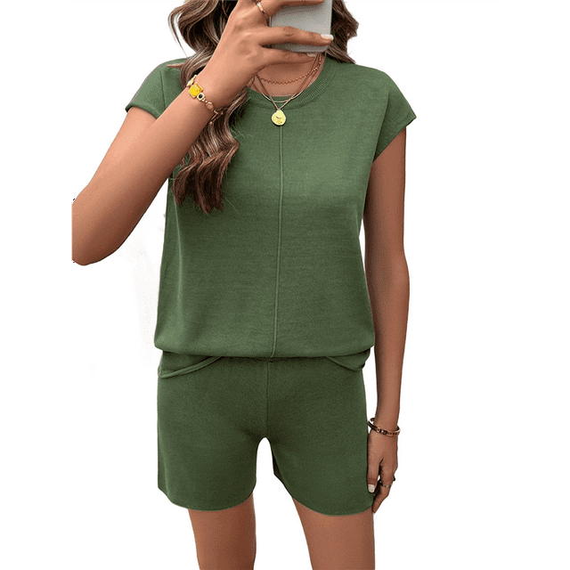 Conjunto de Pijama de Dos Piezas para Mujer, de Punto, con Mangas y Suéter Suave Verde L