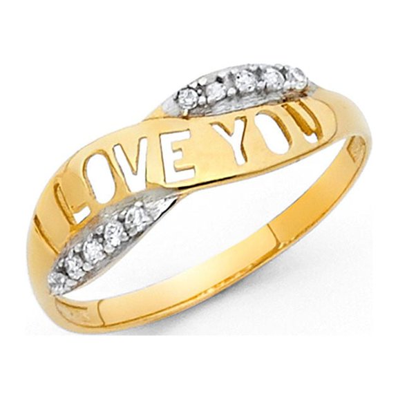 14k Two Tone Italian Solid Gold CZ Cut Out I Love You Ring 6mm