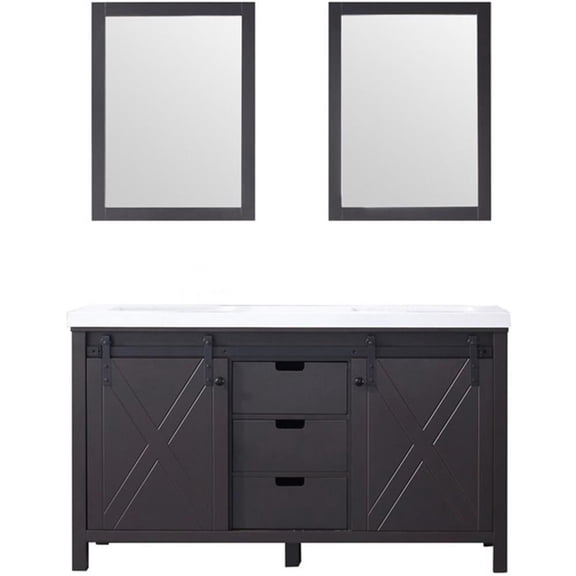 Lexora Home Marsyas 60" Quartz Top Double Vanity with Sinks and Mirrors in Brown