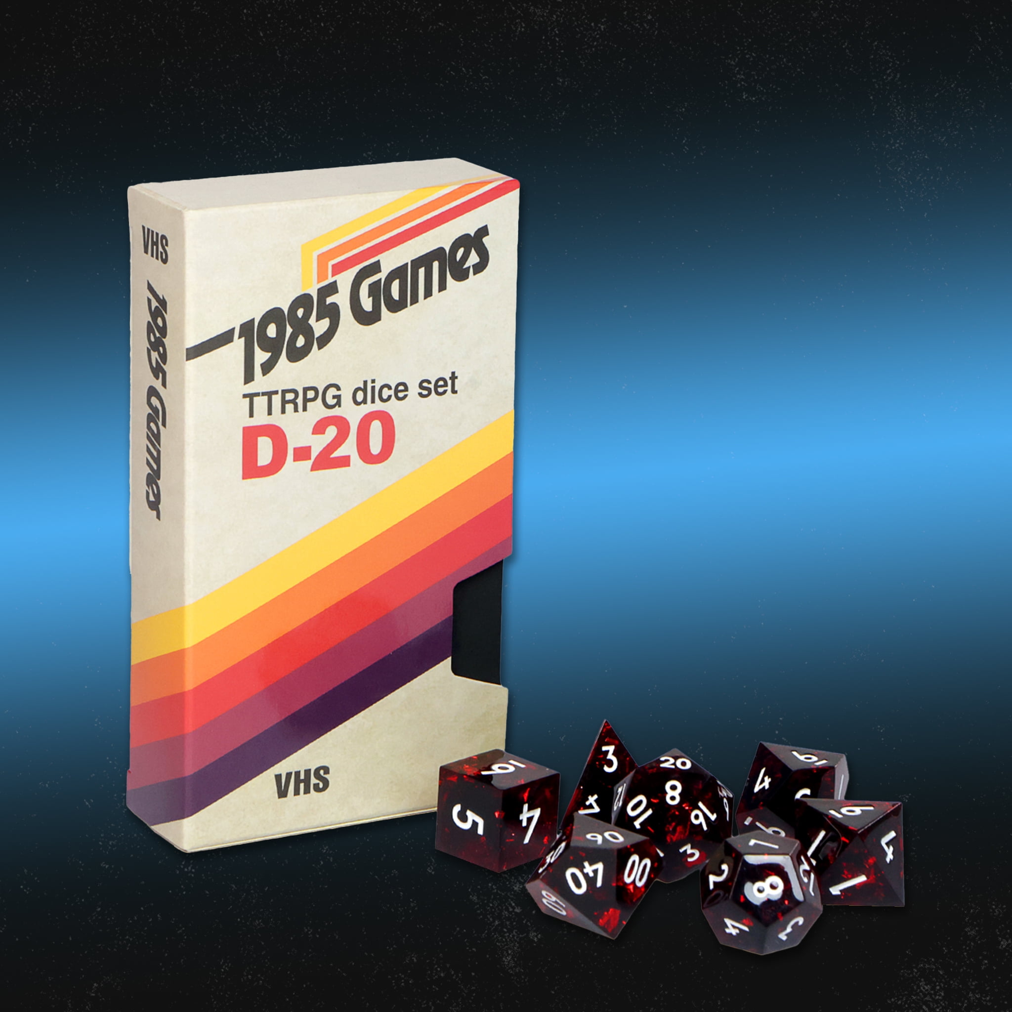 1985 Games Ruby Red RPG Dice Set – Polyhedral DND Dice Retro VHS Box