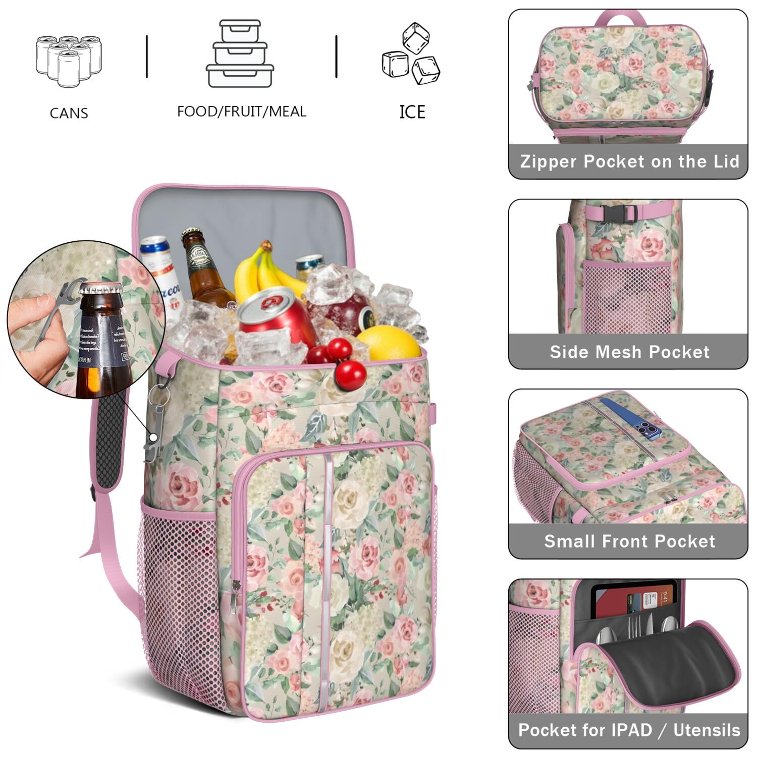 Travel Cooler Bag - Pioneer Flower Floral Print Pattern Camping Beer Cooler Backpack with Bottle Opener- Waterproof Insulated Picnic Backpacks - Cooler Bag for Beach