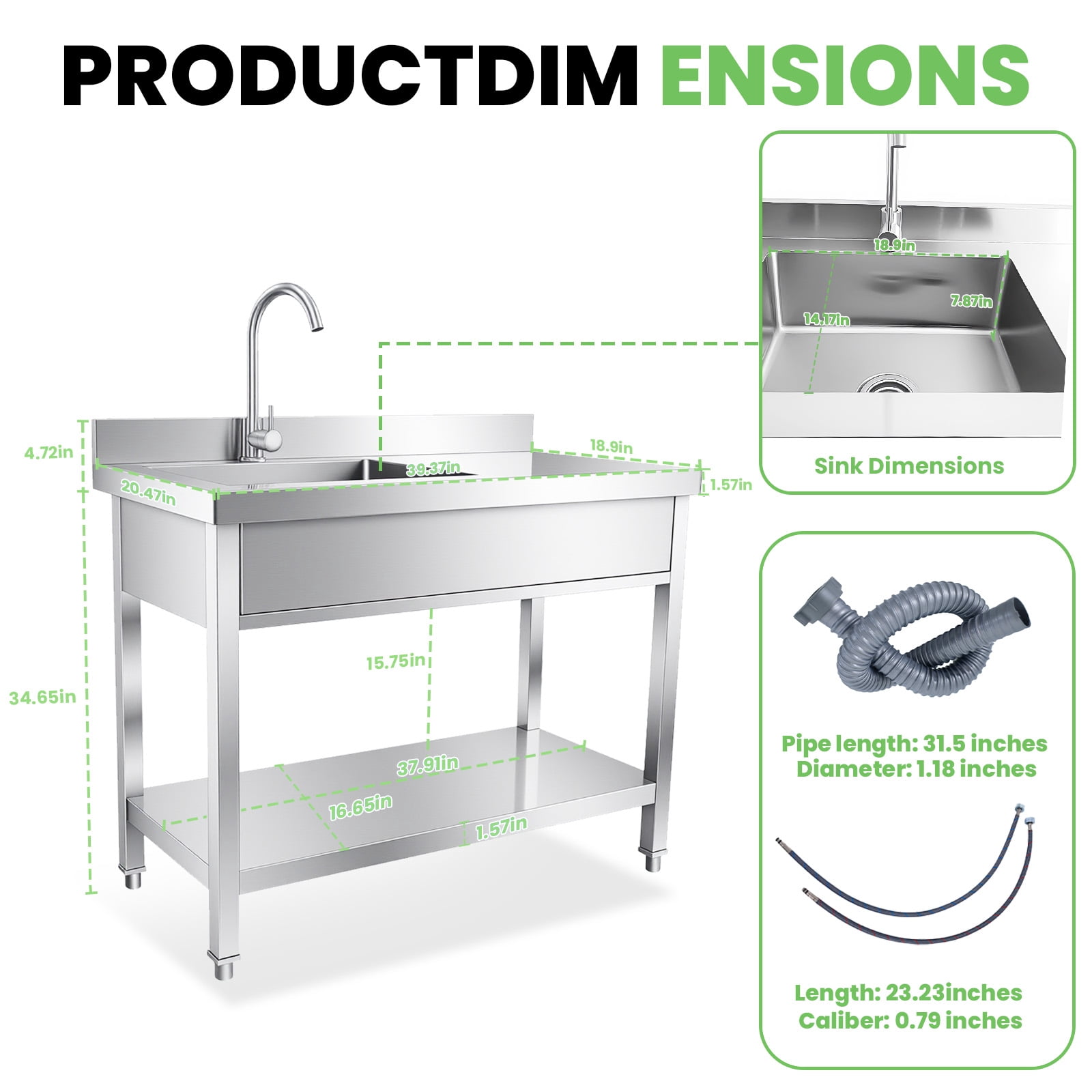Washing Hand Basin, Stainless Steel Sink, Single Bowl Kitchen Utility Sink, Laundry Sink with Workbench Anti-Fingerprint Easy to Clean for Home and Commercial Laundry