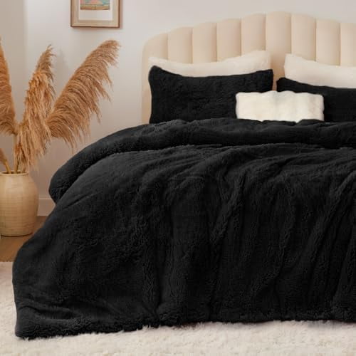 Black Fluffy Comforter Set Twin Size, Fuzzy Faux Fur Comforter Bedding Set, Ultra Soft and Warm Winter Shaggy Bed Set (1 Comforter & 1 Pillowcase) as Gifts for Women