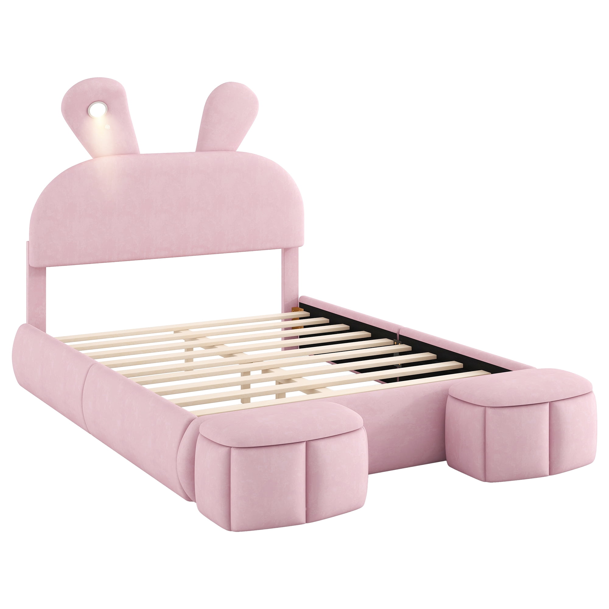 Euroco Upholstered Full Size Platfrom Bed, Bunny Shaped Bed with LED Light and Storage Cabinets
