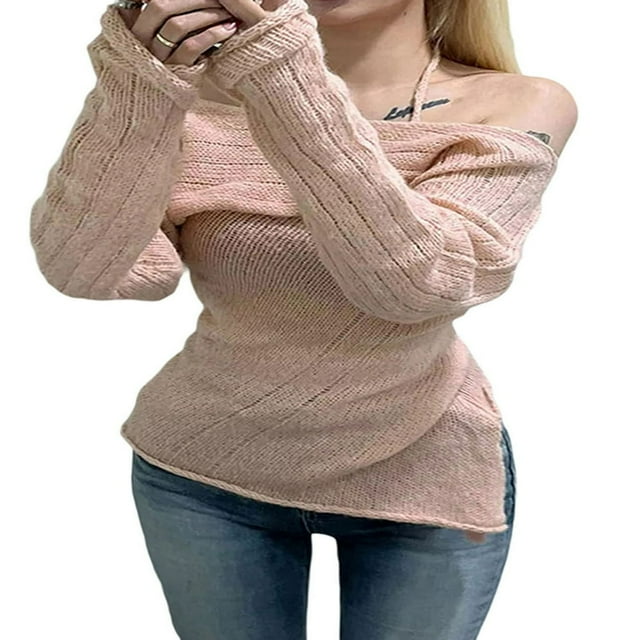 Women Irregular Sweater Off-shoulder Knitwear and Halterneck Tops