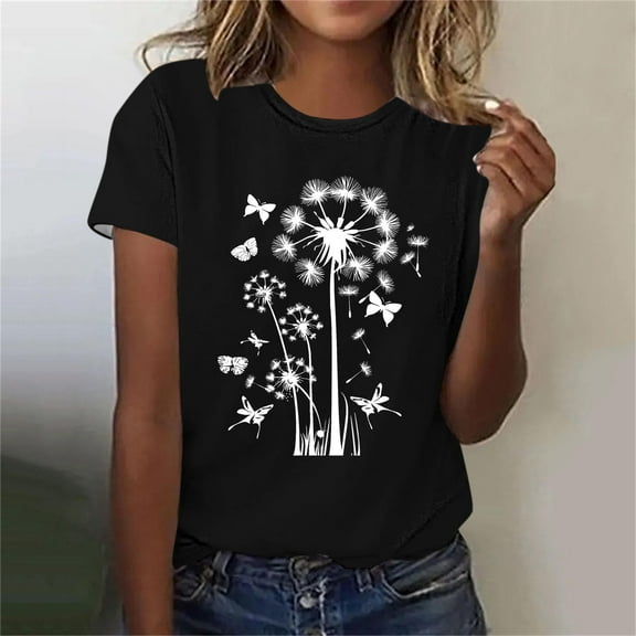 Giftesty Blouses for Women Dressy Casual Women Fashion Summer Sexy Printed Regular Women Short Sleeves Round Neck