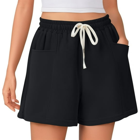 Tianiyouqing Women Running Sweat Shorts High Rise Wide Leg Drawstring Loose Sweat Shorts Elastic Waist Pull on Gym Hiking Shorts with Pockets Black XL