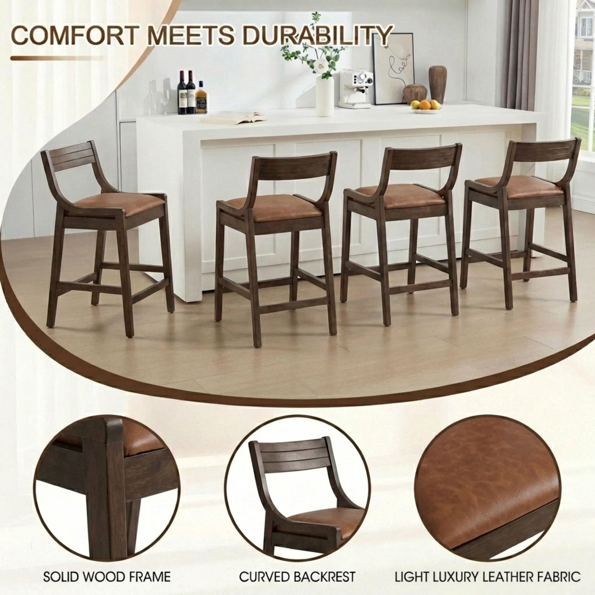 Dayalane Modern Farmhouse Bar Stools Set of 4, 26”Counter Height Bar Stools with Slatted Back, PU Leather Upholstered & Solid Wood Legs Barstools for Kitchen Island Dining Rooms and Home Bars, Brown