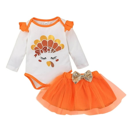 

ZHAGHMIN Girls Two Piece Outfits Size 10-12 Girls Thanksgiving Day Long Sleeve Cartoon Prints Romper Bodysuits Tulle Skirt Outfits Layettes For Newborns Cute Baby Things Babies For Babies Clothes Fo