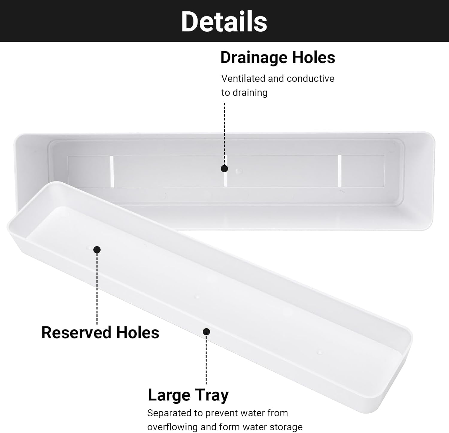 Herb Planter with Tray, 1 Pack 12x3.8 Inch Rectangle Window Box, Indoor Succulent Flowers Succulent Plastic Pot for Windowsill, Garden, Balcony, Office Outdoor Decoration - White