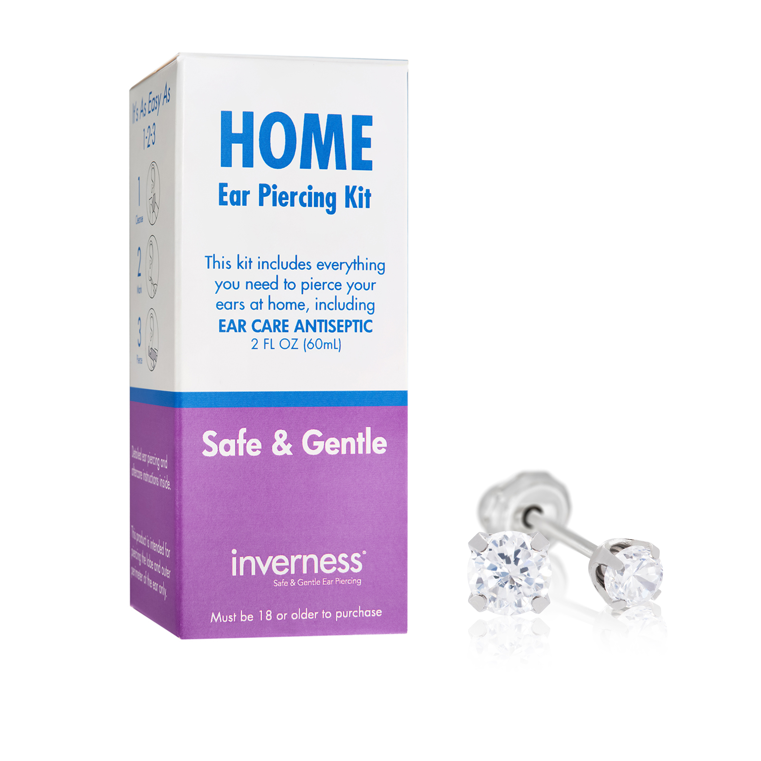 Home Ear Piercing Kit with Stainless Steel 3mm Cubic Zirconia Earrings