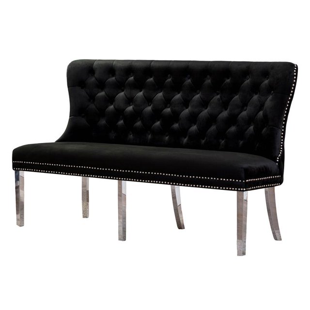 Banc en Velours Noir avec Assise Touffetée et Pieds en Acier Inoxydable Argenté