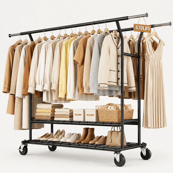 UNTIMATY Clothes Rack, Double Rods Rolling Clothing Rack for Hanging Clothes, Portable Garment Rack with Wheels, Coat Rack Wardrobe Closet Load 670 LBS for Bedroom Laundry Room, Black