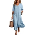 thumbnail image 2 of MaFYtyTPR Women's Collared Maxi Dress Button Down 3/4 Sleeve Relaxed Fit Shirt Dress with Pockets for Daily Wear A-Light Blue L, 2 of 6