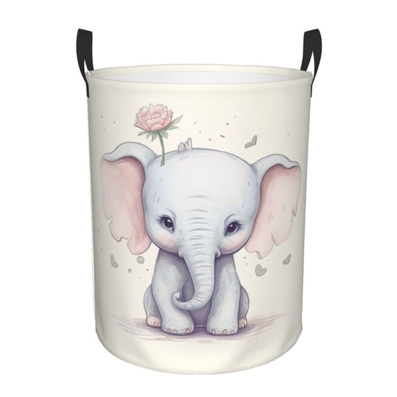 PHELIKA Pink Cute Elephant 01 Laundry Basket 65L Large Foldable Round For Dirty Clothes Toy Storage