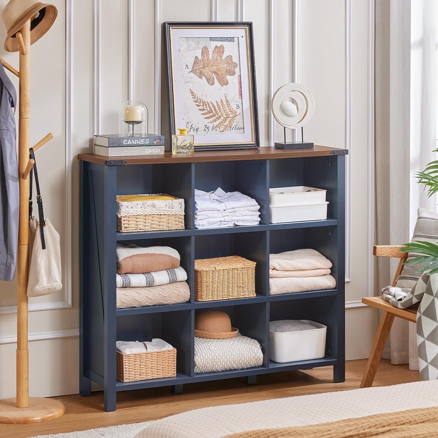 Joaxswe 3-tier Bookshelf, 42.2 in Tall Bookshelf with 9 Open Display Shelves, Large Bookcase for Office Living Room, Blue