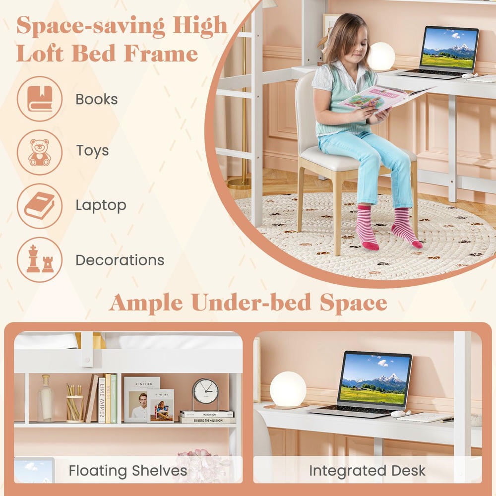 Barara King Twin Size Bedroom Bed Frame with Desk and Shelves, Bed Platform Frame for Home Dorm, Apartment, No Box Spring Needed, White