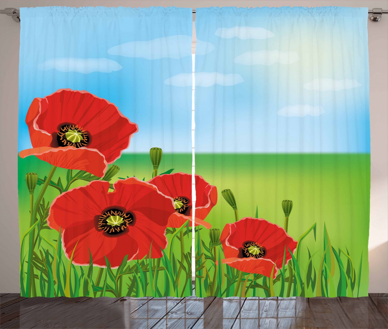 Poppy Curtains 2 Panels Set Sunny Day Is Upon The Green Hills Of