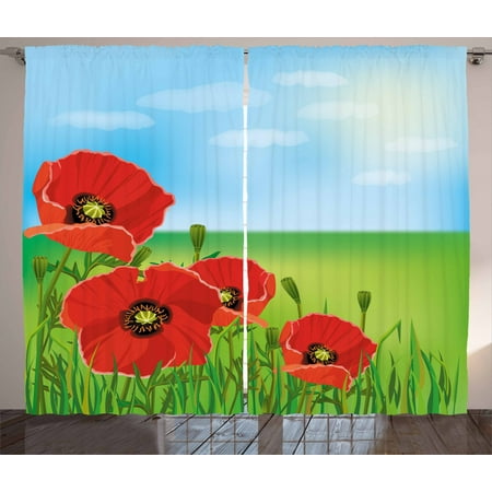 Poppy Curtains 2 Panels Set Sunny Day Is Upon The Green Hills Of