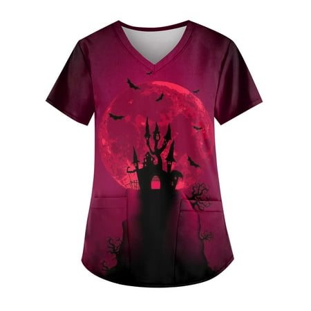 

Knosfe Medical Uniforms & Scrubs Workwear Pumpkin Ghost Bat Short Sleeve Womens Scrub Tops V Neck Nurse Women Tops with Two Pockets Hot Pink 2XL