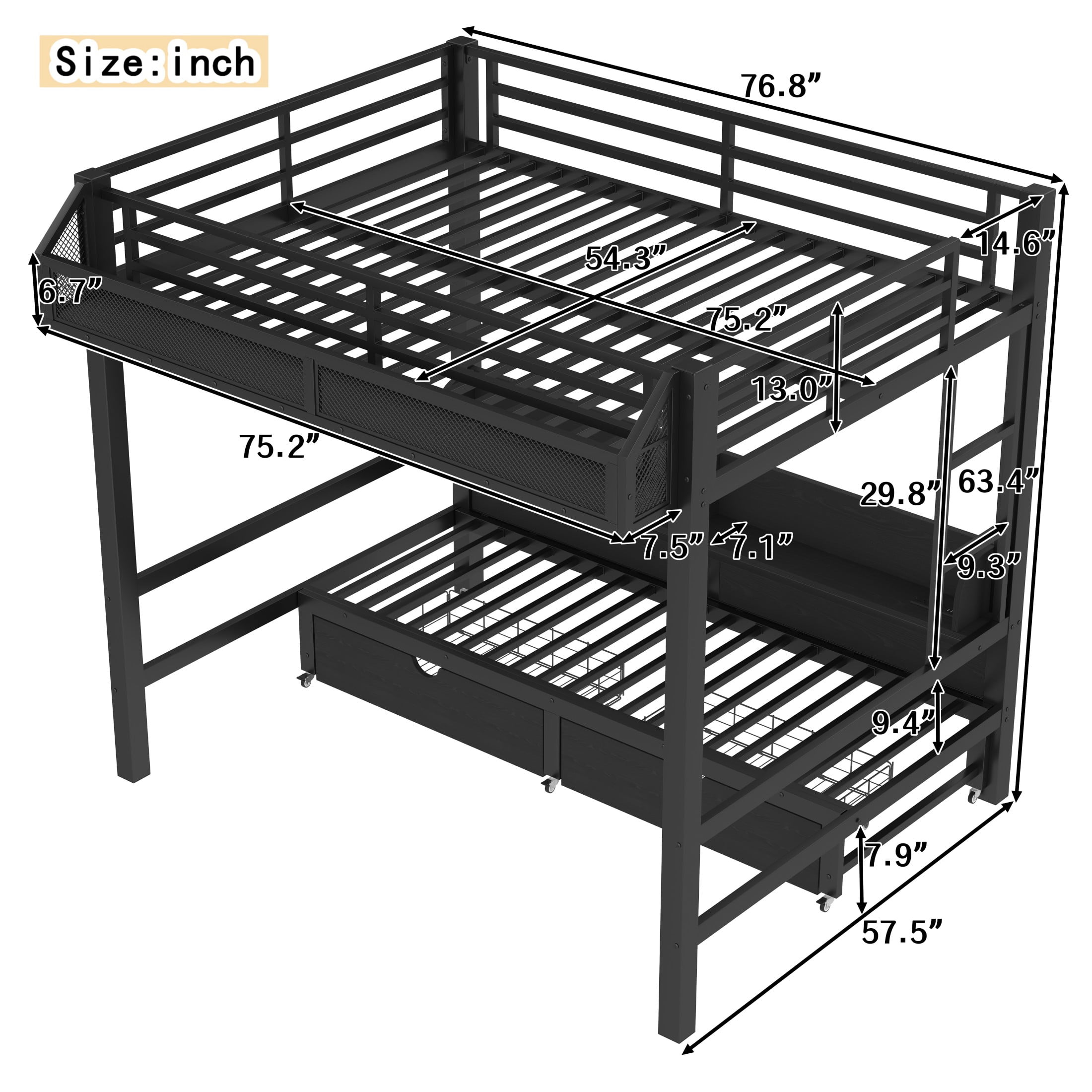 Aukfa Full over Full Metal Bunk Bed with Storage Drawers, Shelves, USB Ports & LED Lights, Convertible Bottom Sofa Bed, Heavy-Duty Bed Frame for Kids Teens Adults, Black