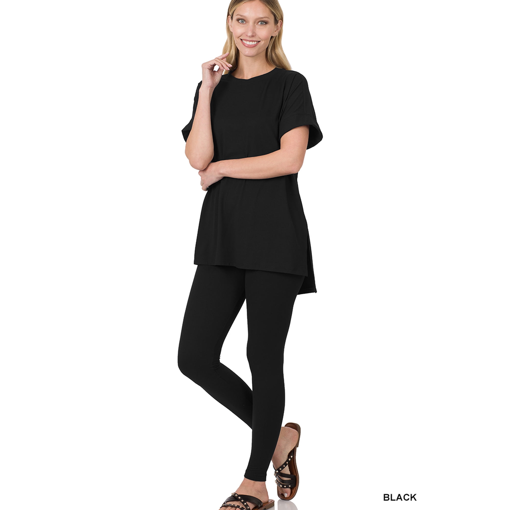 Zenana Women's Brushed DTY Microfier Round Neck Short Sleeve Hi-Low Hem & Full Length Leggings Loungewear Set