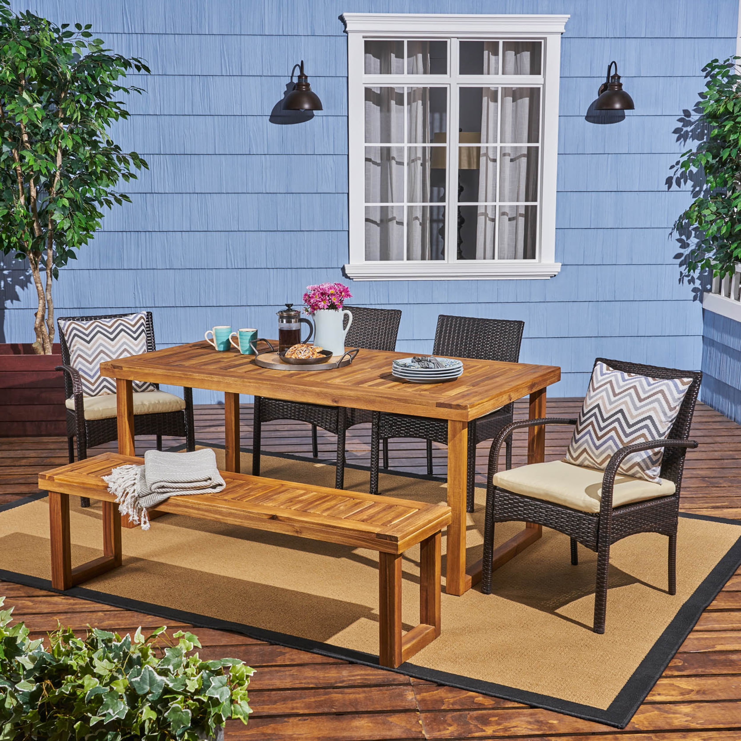 Norman Outdoor 6 Piece Acacia Wood Dining Set with Bench and Wicker