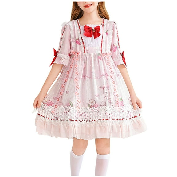 SERTG Girls Strawberry Print Short Sleeve Dress with Bow Cottagecore Storybook Oktoberfest Skirt Outfit for Kids 4-12 Years(Pink,7 Years)
