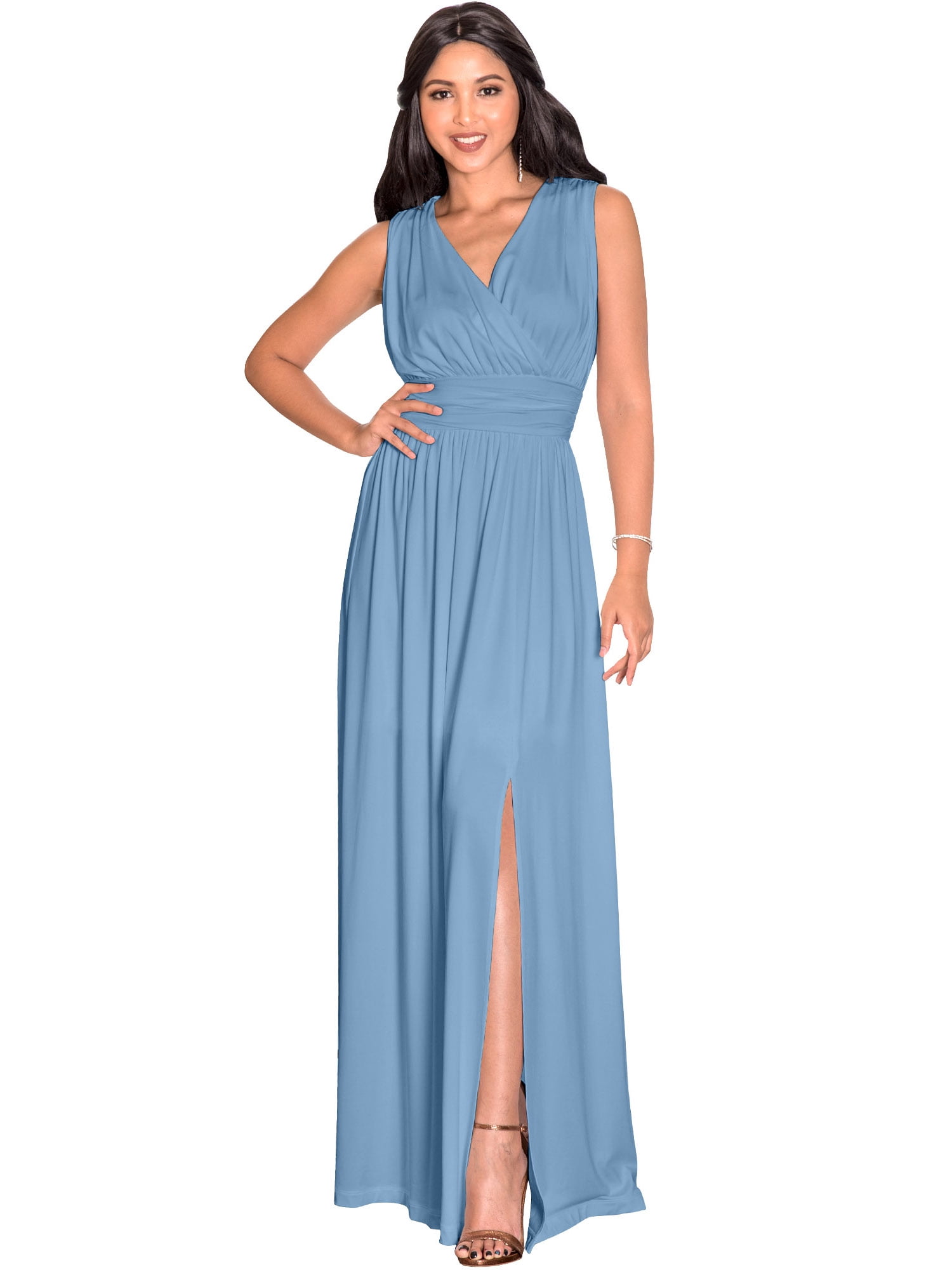 Koh Koh Koh Koh Long Sleeveless Wedding Guest Party Bridesmaid Evening Formal Dressy Cocktail Summer Bridal V Neck Tall Flowy Slit Maxi Dress Gown For Women Pastel Blue Medium Us 8 10 Nt304