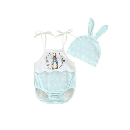 

Arvbitana 0-18 Months Newborn Infant Baby Girl Easter Romper Summer Sleeveless Sling Bodysuit Bunny Dots Bodysuit with 3D Ear Hat