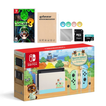 Nintendo Switch Animal Crossing Special Version Console Set, Bundle With Luigi's Mansion 3 And Mytrix Accessories