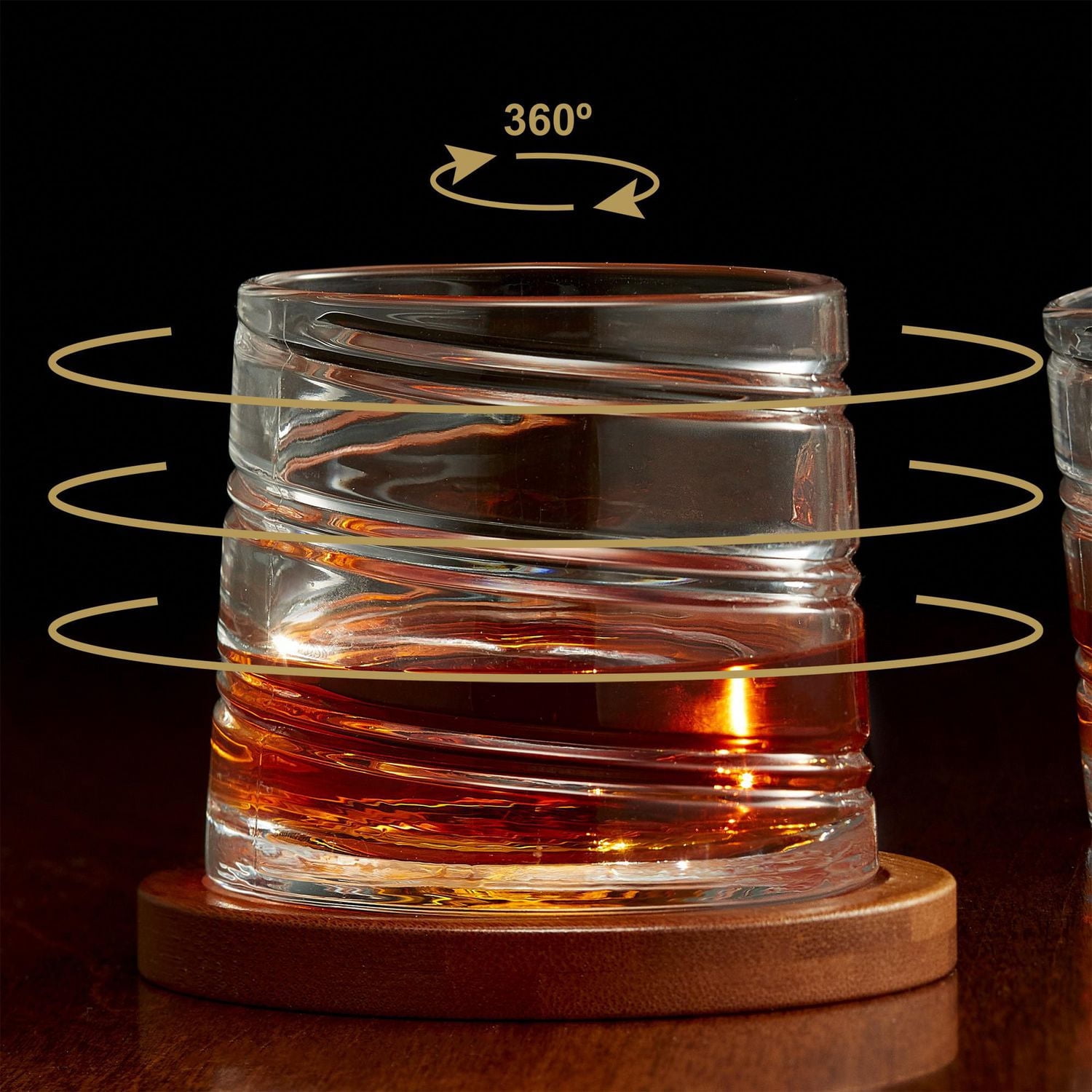 Pirouette Spirale Old Fashion Whiskey Glass With Bamboo Coaster 300ml Set of 4