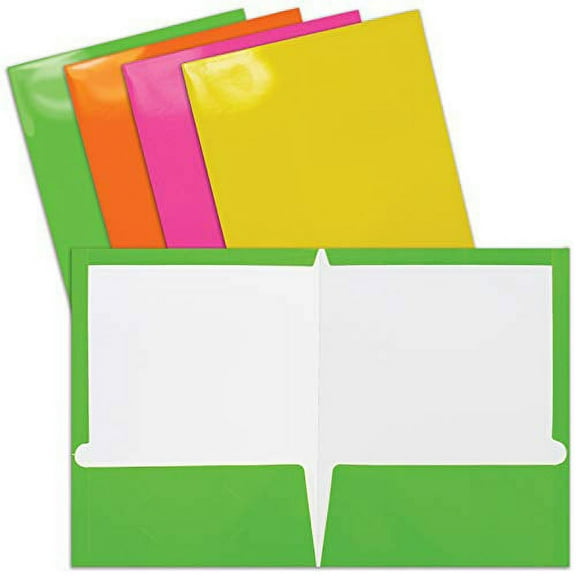 2 Pocket Glossy Laminated Neon Paper Folders, Letter Size, Neon Paper Portfolios by Better Office Products, Box of 48-4 NEON Colors