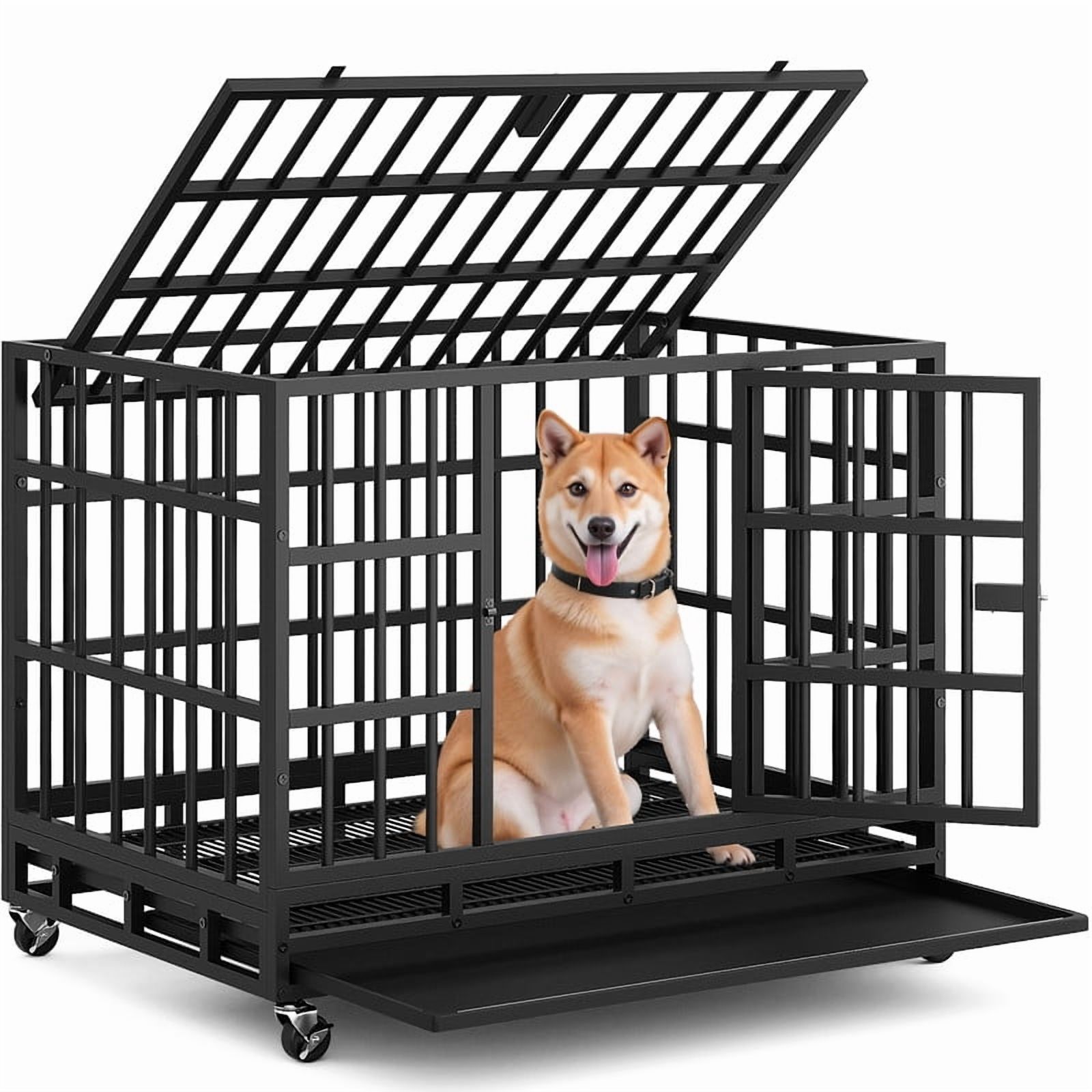 Furmax 37" Heavy Duty Dog Crate with Removable Tray Large Dog Kennel Heavy Duty Dog Crate cage with Wheels