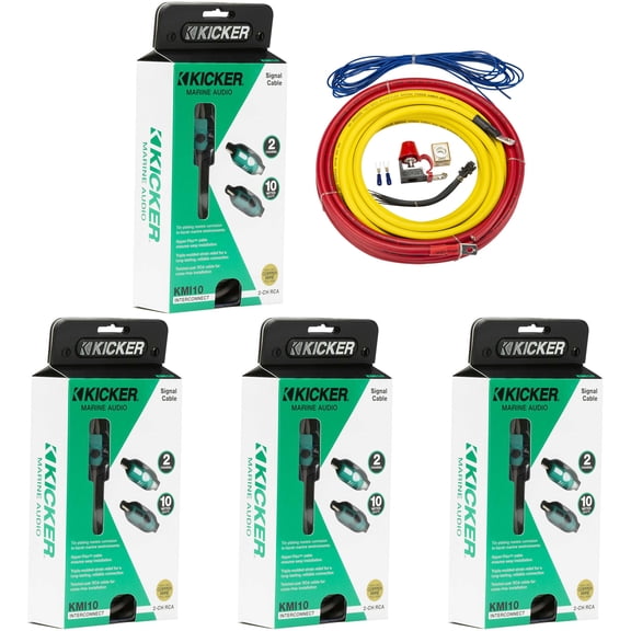 Kicker 47KMPK4 Marine 4awg Amp Power Kit & (4) 47KMI10 10 Meter RCA Cable