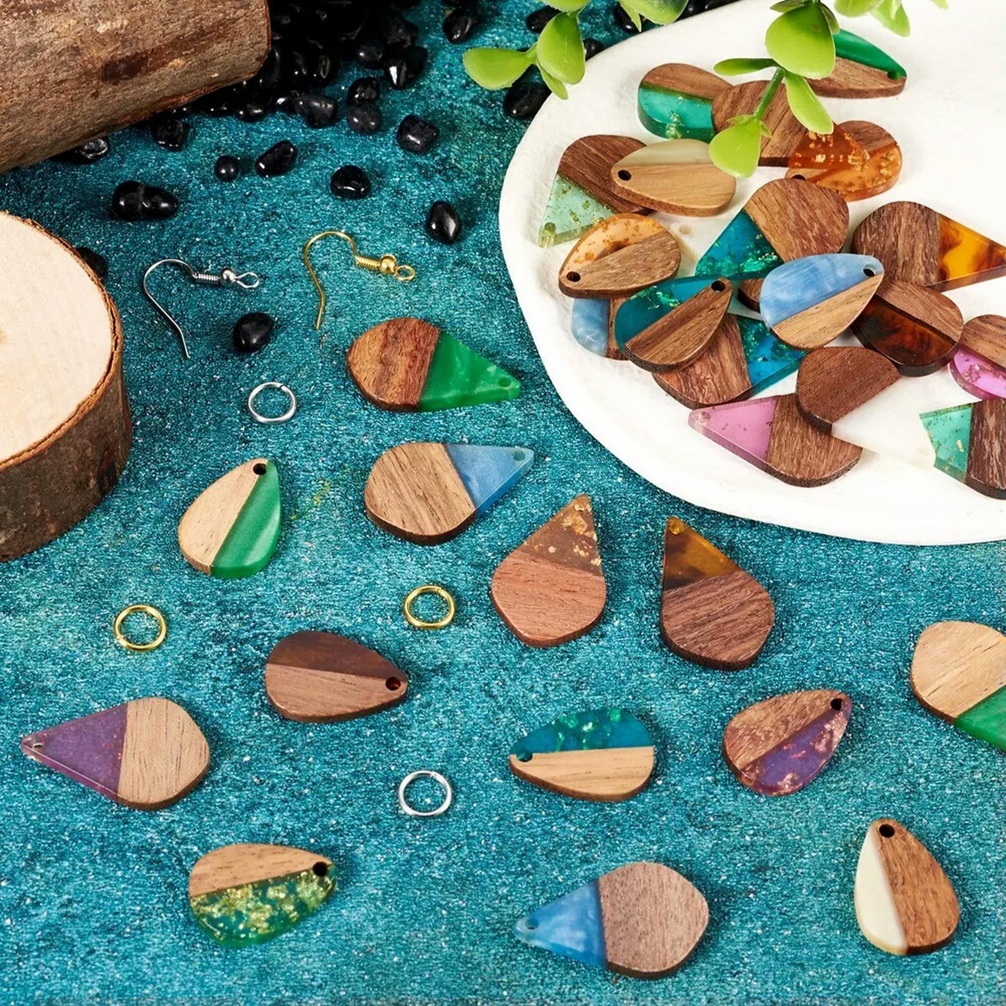 U8MO 16Pairs Resin Walnut Wood Pendants Hooks DIY Teardrop Dangle Earring Making Kits