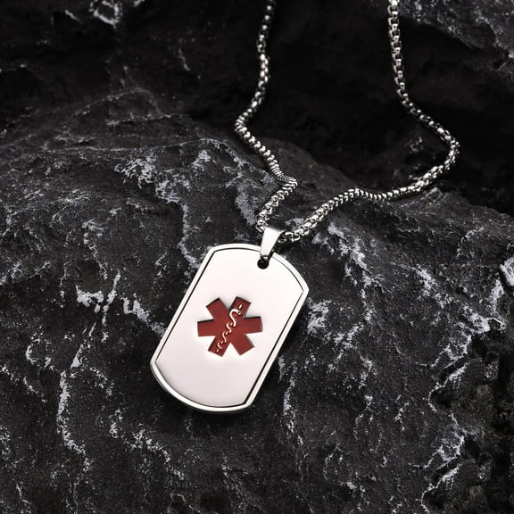 Mens Medical Alert ID Necklaces,Waterproof 14K White Gold Pendant Collar,Father Day Birthday Party Gifts