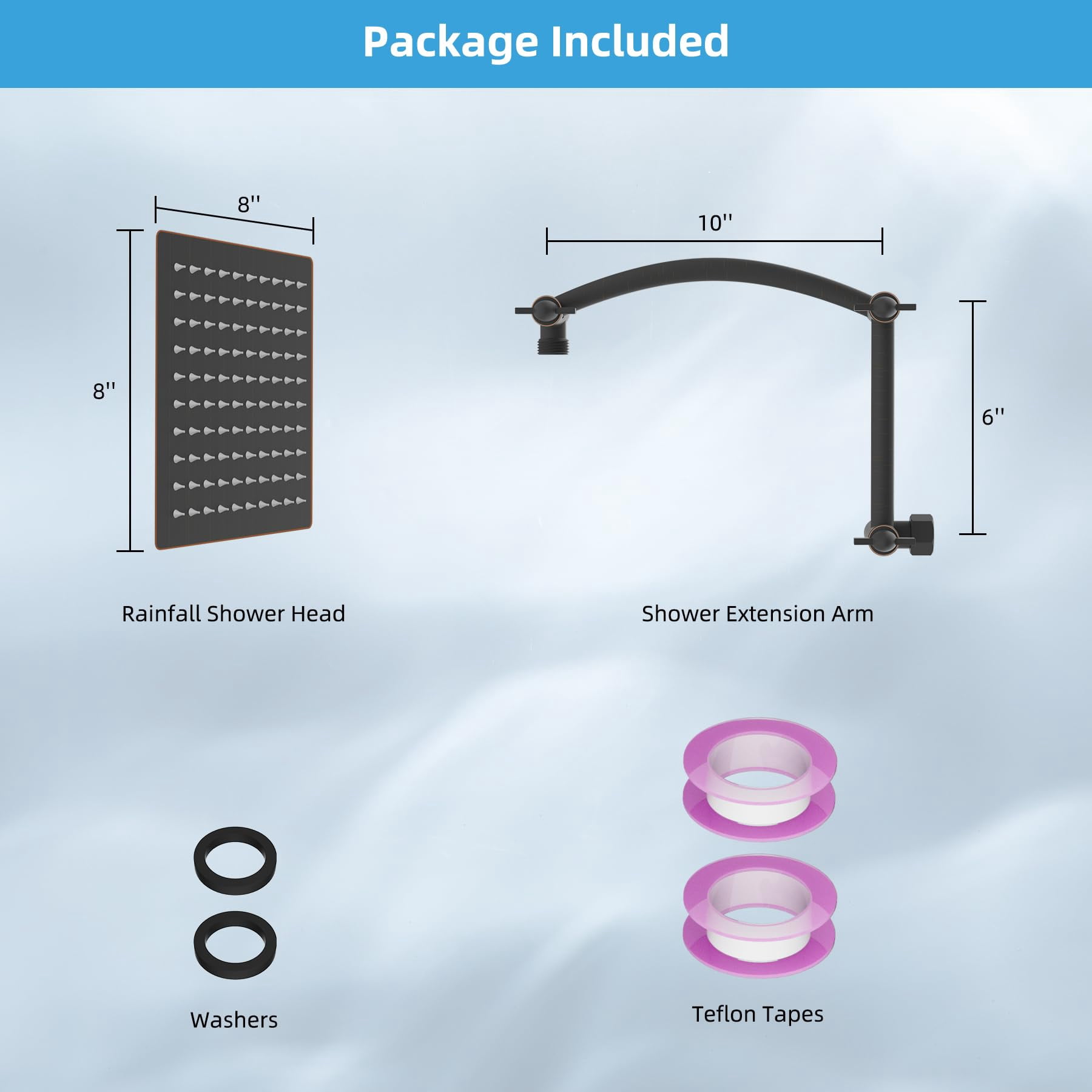 All Metal Rain Shower Head  8'' High Rainfall Square Showerhead With 16" Extension Arm Solid Brass Adjustable Extender Waterfall Fixed Showerheads Oil Rubbed Bronze