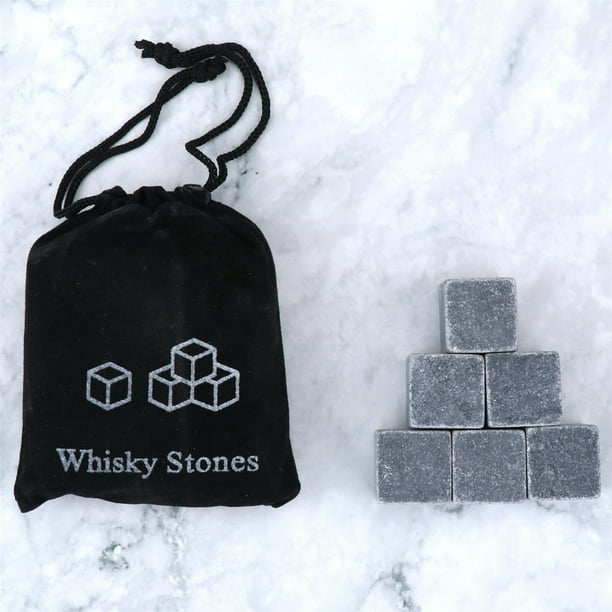 Set de Regalo Whiskey Stones con 6 Piedras Refrescantes Únicas y Bolsa de Terciopelo Reutilizable.
