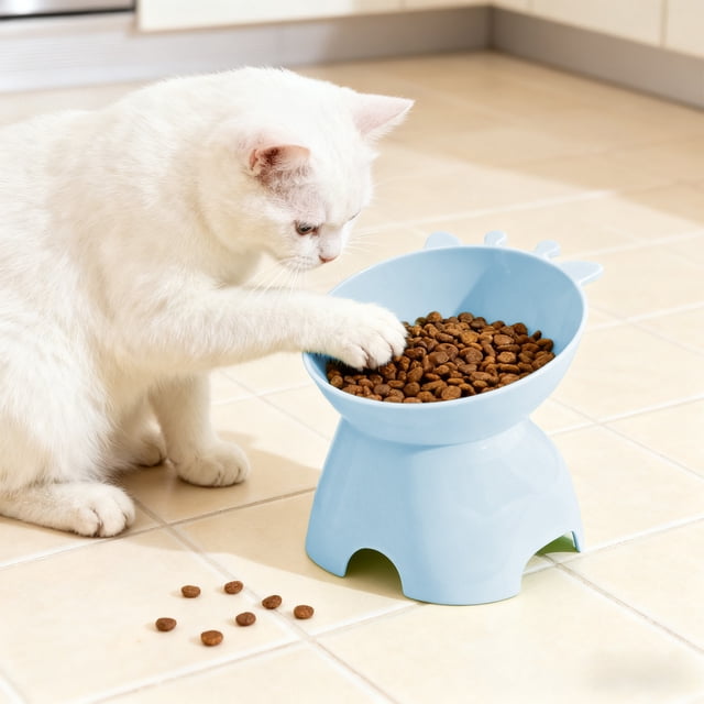 Elevated Cat and Dog Food Bowl, Multi-Color Plastic, Large-Diameter, Non-Slip, Neck-Protecting, Tip-Over Resistant, Easy-Clean Pet Feeder for Cats and Small Dogs, 15° Tilted Raised Design