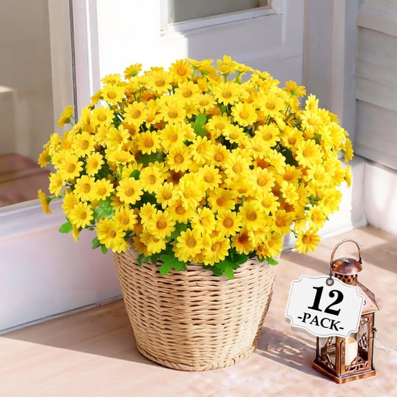 HKKDKTA Daisy Artificial Flowers for Outdoors,12 Bundles UV Resistant Silk Flower,Realistic Fake Spring Flowers for Front Door Porch Patio(Yellow)